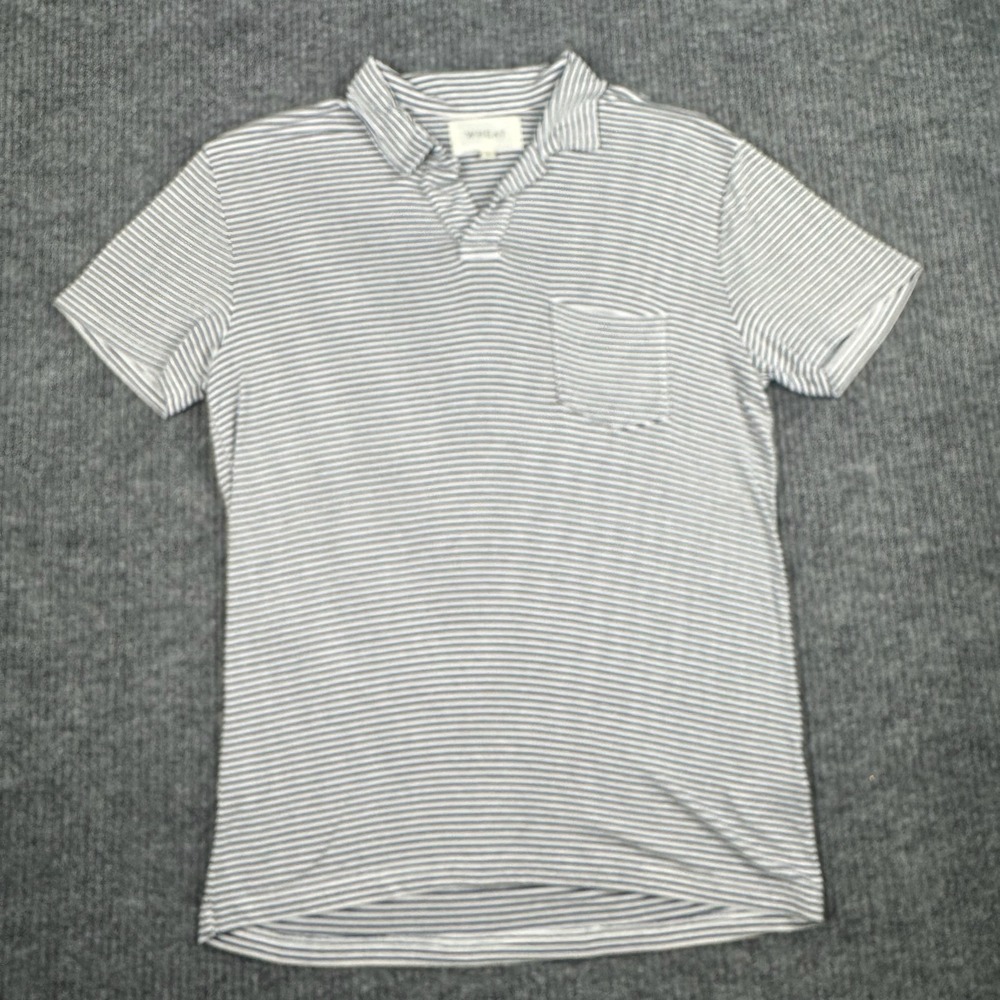 WHEAT Polo Shirt Mens S Blue Striped Short Sleeve Rayon Blend Made in USA Beach